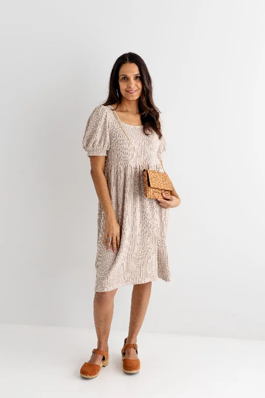 'Sparrow' Puff Sleeve Textured Knit Midi Dress in Beige