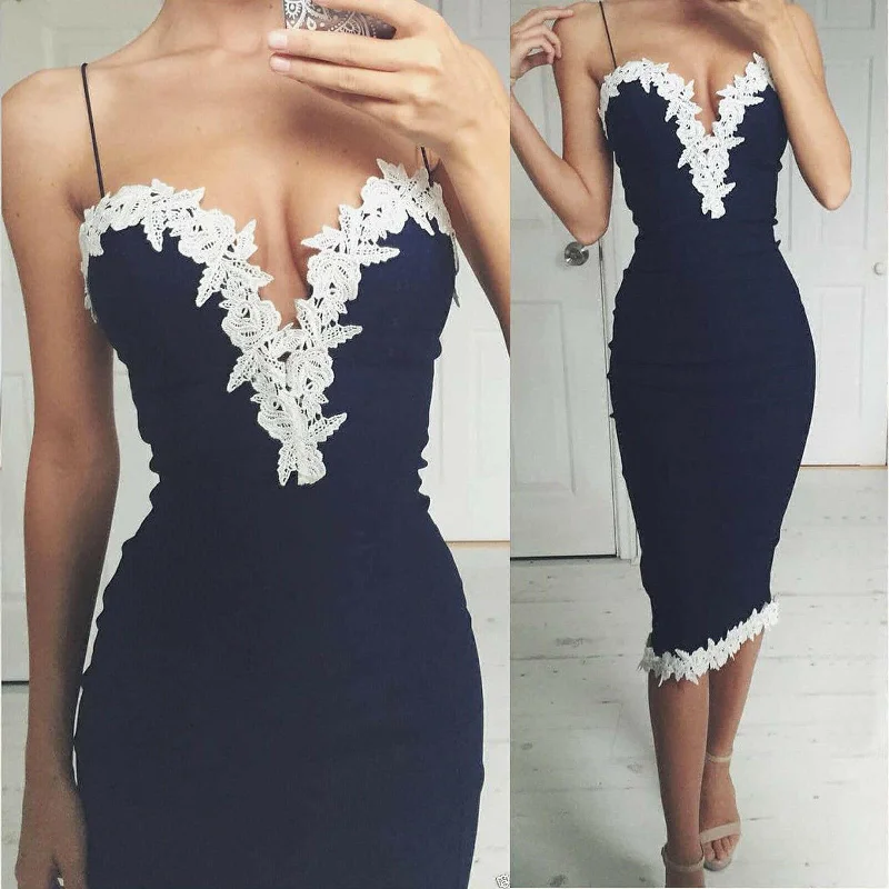 Summer  Womens Sexy Slim Sleeveless Spaghetti Strap V-neck Bodycon Dress Ladies Party Pencil Sheath Dress Blue