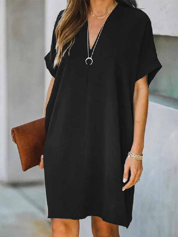 V-Neck Loose Short Sleeve Solid Casual Dress: Elegant & Comfortable For All Occasions 👗""