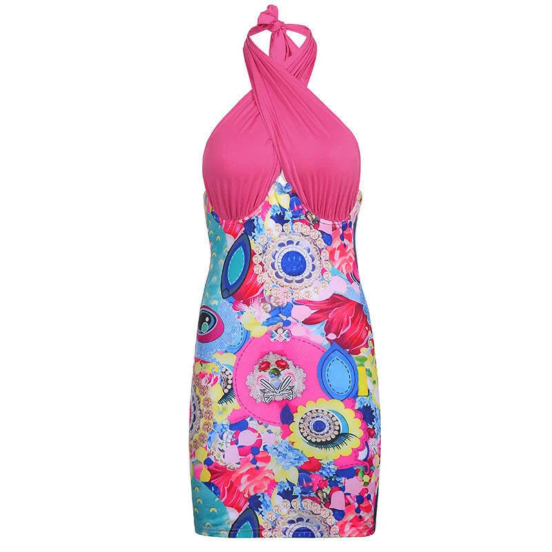 Women Printed Spliced Backless Solid Color Cross Halter Pack Hip Dress