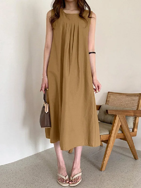 Women Solid O-Neck Sleeveless Bohemian Leisure Dress With Side Pockets