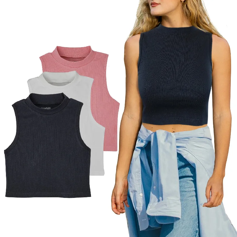 Mock Neck Crop Top | Cotton Blend | Women (3 Pack)