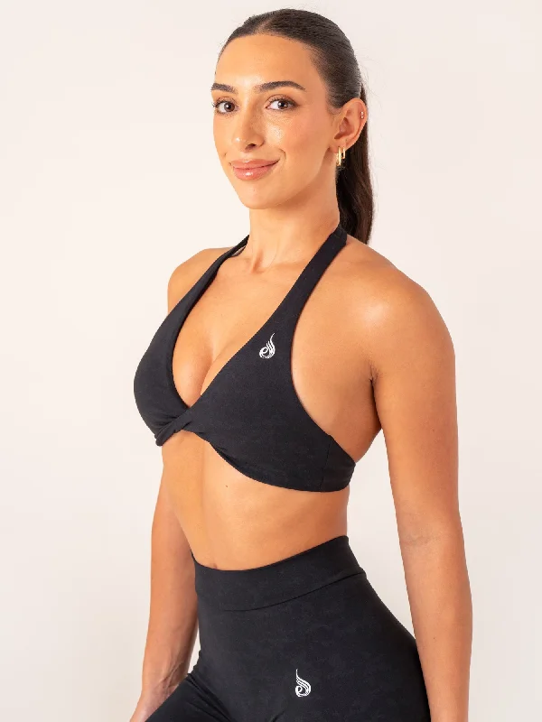 NKD Stonewash Halter Sports Bra - Black Stonewash