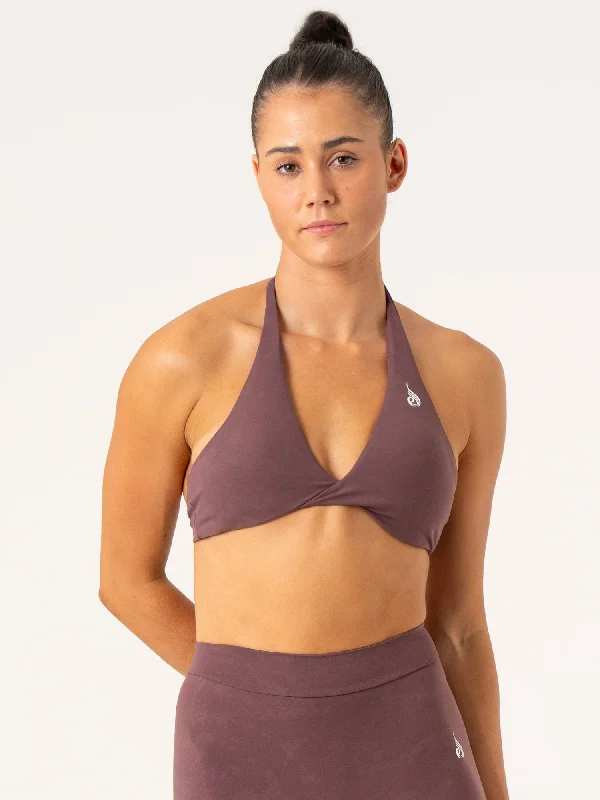 NKD Stonewash Halter Sports Bra - Chocolate Stonewash