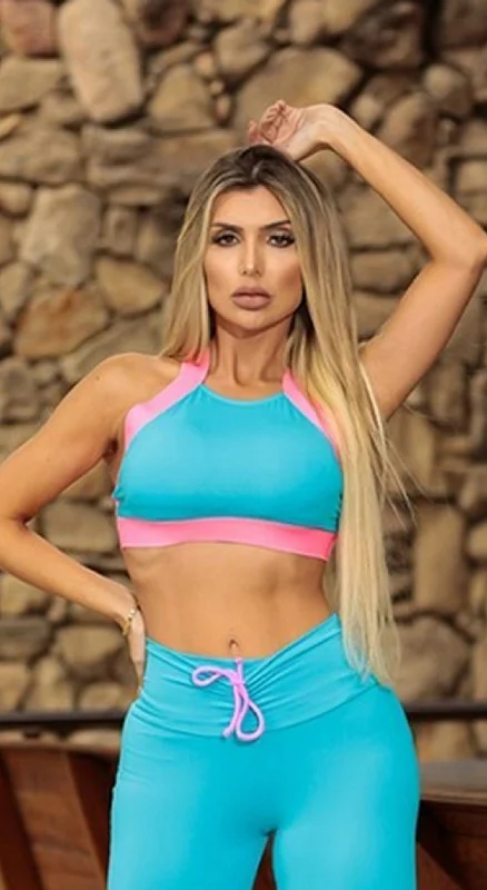 Camila Sports Bra - Blue & Neon Pink