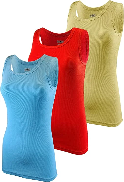 Women's Cotton Sleeveless Tank Tops in Light Blue, Yellow, and Red