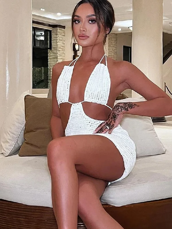 A&A Knitted Mini Cut Out Summer Dress Chic Tropical Mini Dress