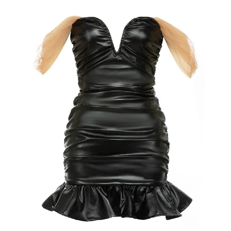Bellamy Strapless V-Neck Faux Leather Mini Sheath Mermaid Dress Stylish Floral Print Mini Dress