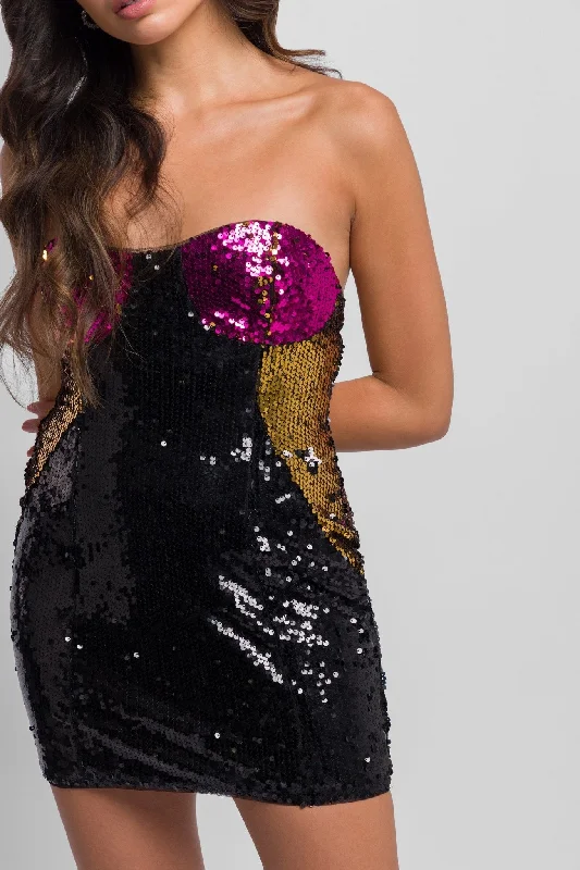 Ella Mini Sequin Dress in Black Pink and Gold with Cups Comfortable Bodycon Mini Dress
