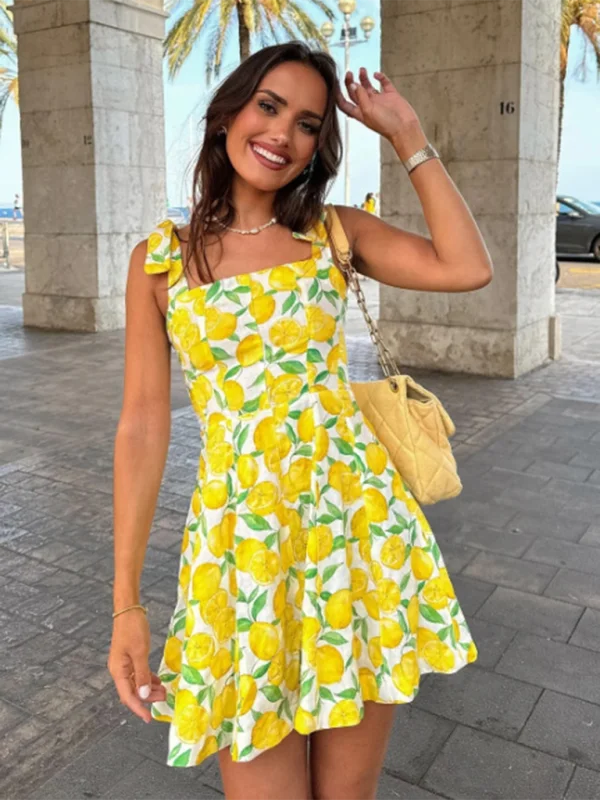 Blue Zone Planet |  Ella's Lemon Print Spaghetti Strap Mini Summer Dress Fashionable Polka Dot Mini Dress