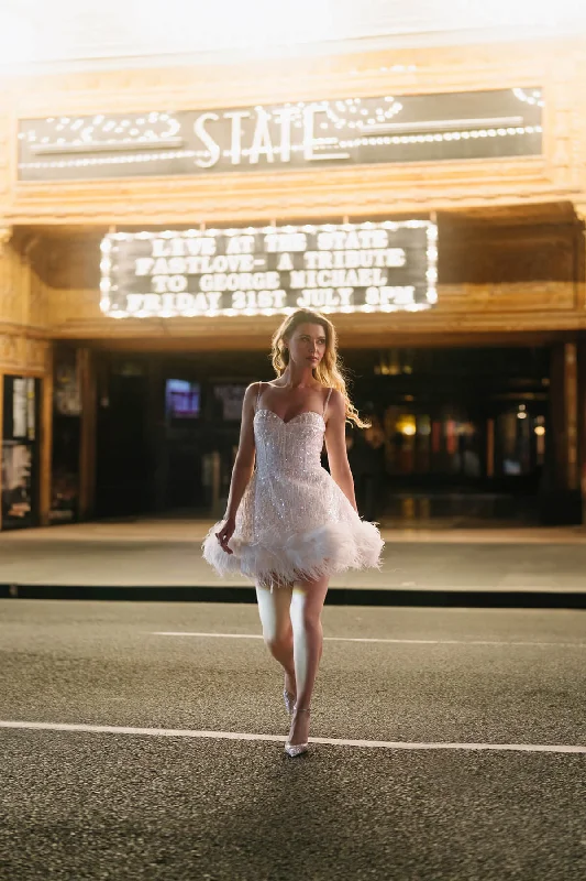 Fraulein Label MONROE White Bustier Corset Sequin and Feather Mini Hens Dress Comfortable Fit-and-Flare Mini Dress