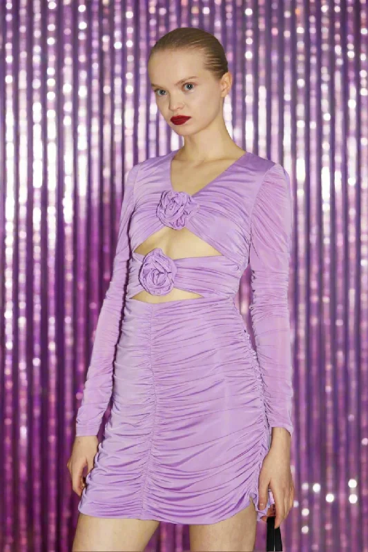 Glamorous Lilac-Orchid Rose-Applique Ruched Mini-Dress Classic Black Mini Dress