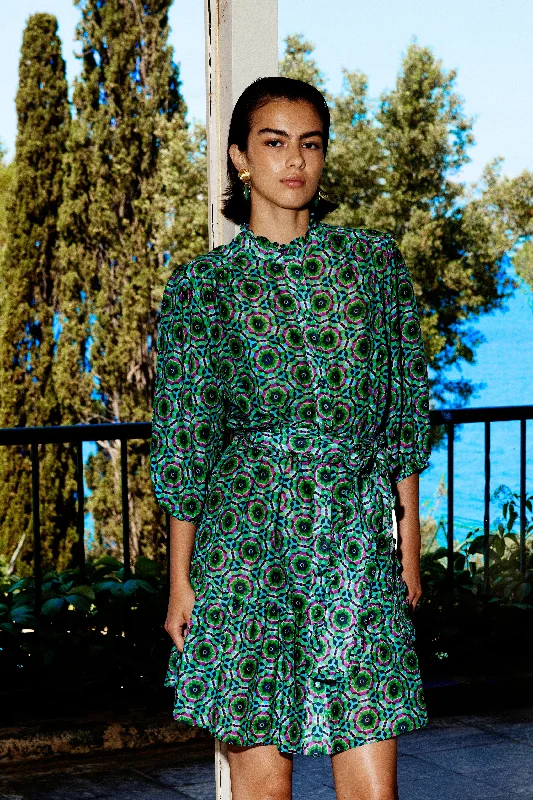 Jasmine Mini Silk Cotton Dress  | Pine Green Stylish Ribbed Mini Dress