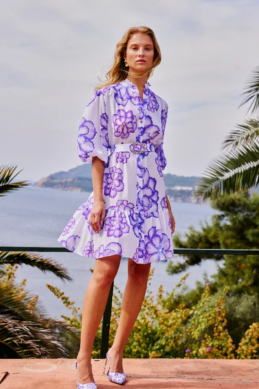 Jasmine Mini Silk Dress | Violet Stylish Puff Sleeve Mini Dress