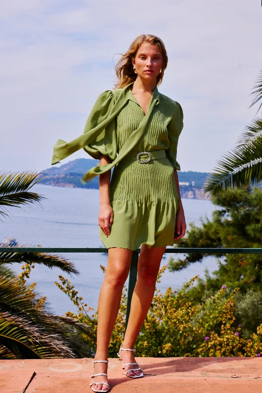 Kendall Mini Silk Dress | Green Trendy Crossover Mini Dress