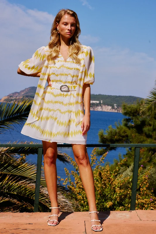 Kendall Mini Silk Dress | White & Yellow Stylish Short-Sleeve Mini Dress
