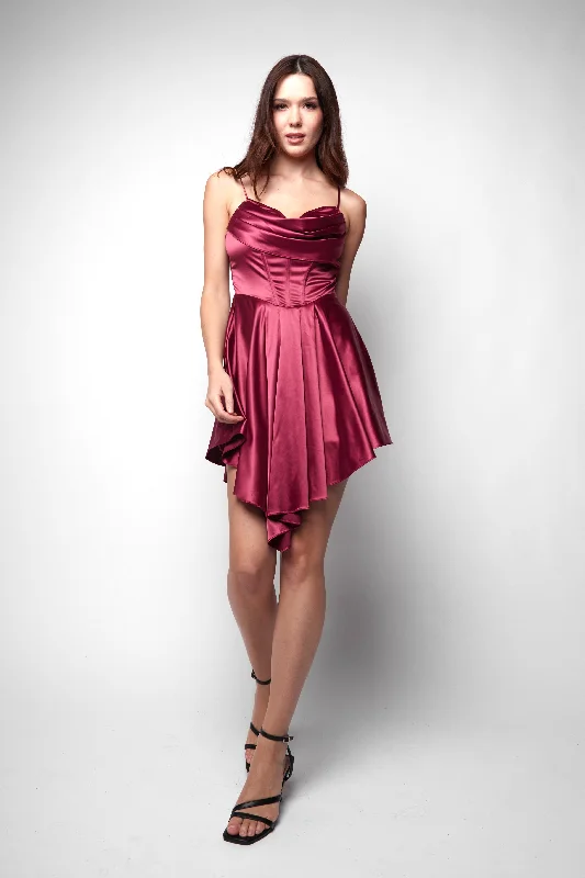 Kitty Burgundy Corset Mini Cowl Dress Chic Pleated Mini Dress