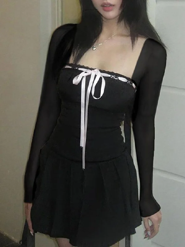 Long-Sleeve Square Neck Mini Pleated Dress Comfortable Ruffle Mini Dress