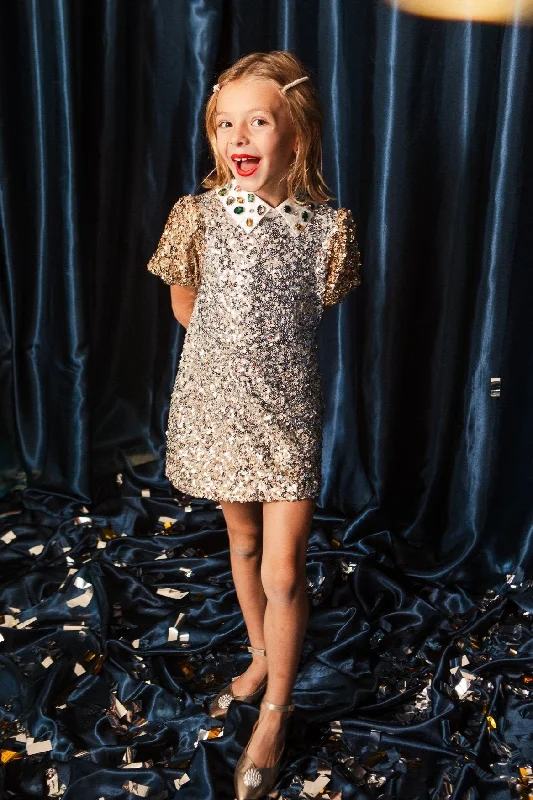 Mini Bedazzle Dress in Metallic Sequin Fashionable Mini Dress with Frills