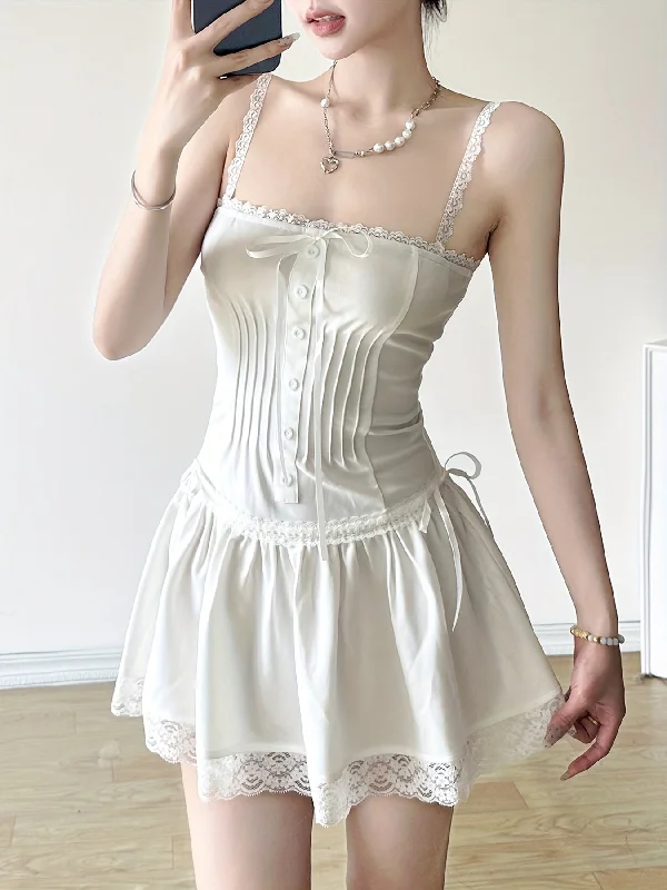 Mini Cami Dress with Contrast Lace and Bow Decor - Spaghetti Strap, Polyester, Micro Elasticity, Machine Washable - Perfect for Spring and Summer, Asian Style, All-Season Wear Cozy A-Line Mini Dress