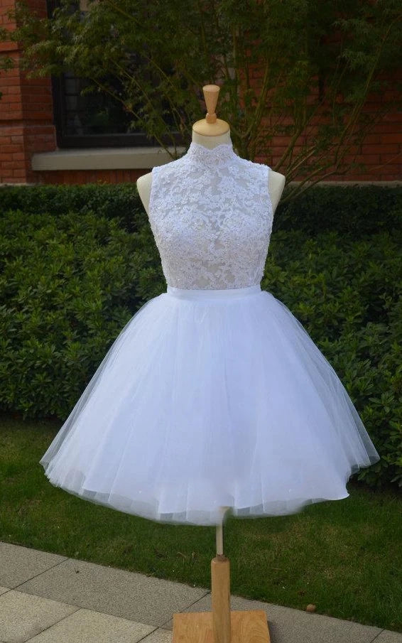 Mini Knee-Length Tulle Lace Dress With Beading Keyhole Back Fashionable Button-Front Mini Dress