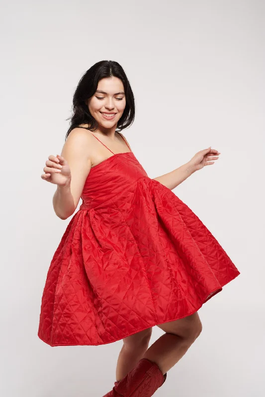 New York Puffer Dress Mini Jean Red by Madeline Marie Comfortable Casual Mini Dress