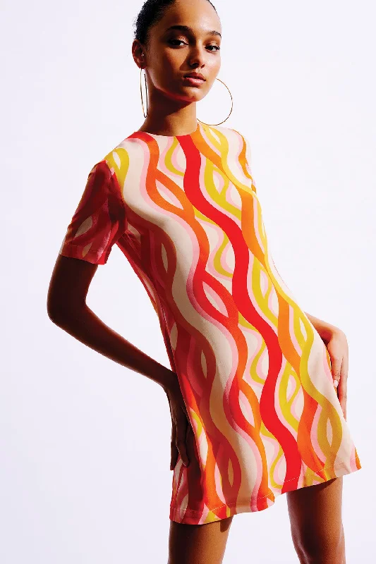 Paola Mini Silk Dress | Orange Waves Fashionable Pleated Mini Dress