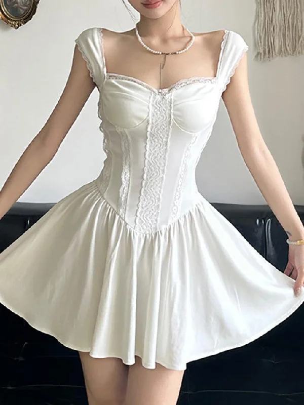 Plain Lace Trim Mini A-Line Corset Dress Elegant Off-Shoulder Dress Mini