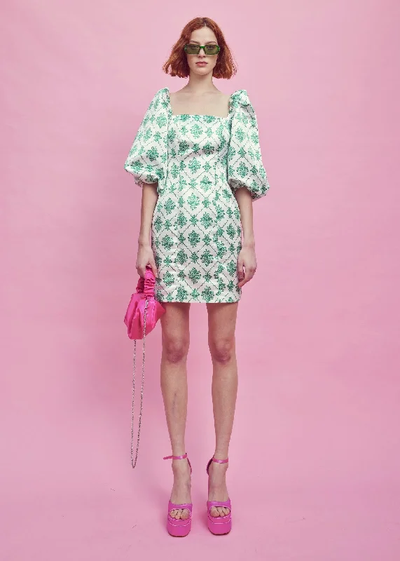 Blair Puff Sleeve Mini-Dress - White-Green Trendy Lace Mini Dress
