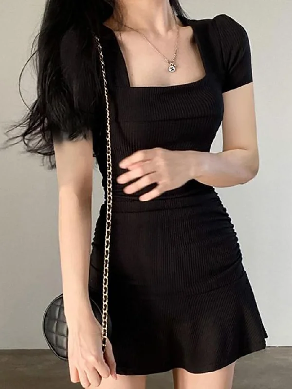 Short-Sleeve Square Neck Mini A-Line Dress Stylish Button-Down Mini Dress
