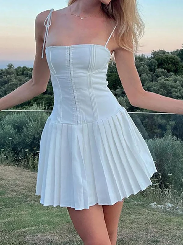 Spaghetti Strap Plain Pintuck Mini A-Line Dress Cozy Jersey Mini Dress