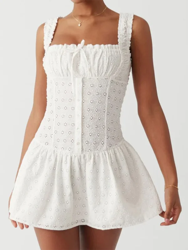 Blue Zone Planet | French Square Neck Eyelet A-line Mini Summer Sun Dress Cozy Long Sleeve Mini Dress