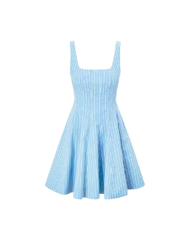 Staud Mini Wells Dress in Azure Pinstripe Chic Mini Dress with V-Neck