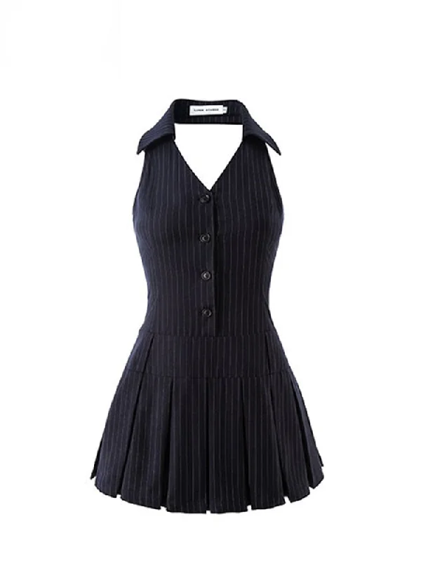 Summer Women Fashion Mini Halter Party Pleated Dress A-line Backless Black Striped V Neck Frocks Sexy Gyaru Y2k Streetwear Prom Stylish Summer Mini Dress
