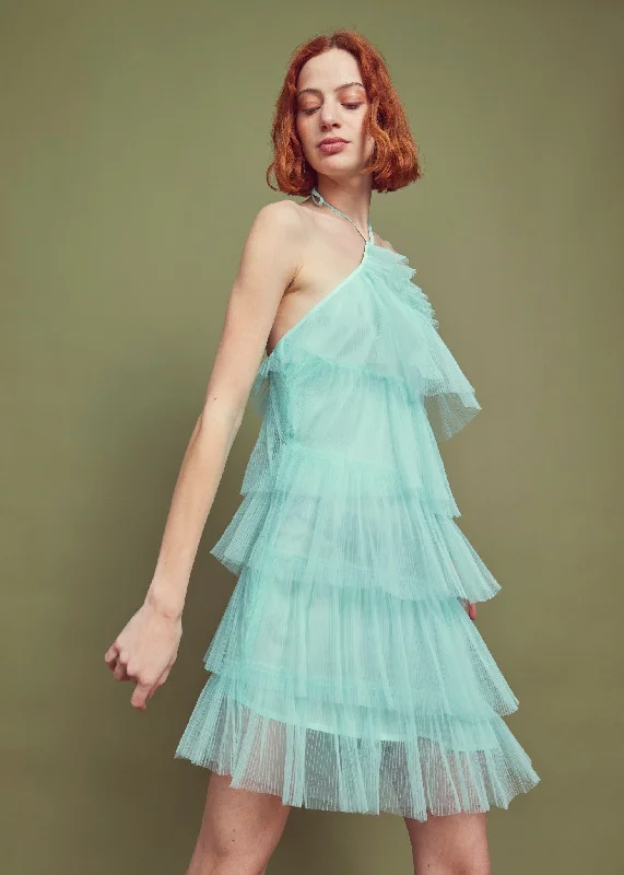Nina Pleated Tulle Halterneck Mini-Dress - Turquoise Comfortable Linen Mini Dress