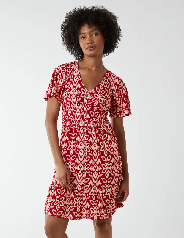 V Neck Shirred Mini Tea Dress With Split Fashionable A-Line Mini Dress