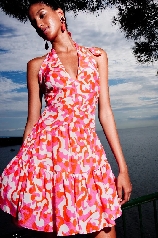 Valentina Mini Silk Dress  | Pink & Orange Trendy Off-Shoulder Dress Mini