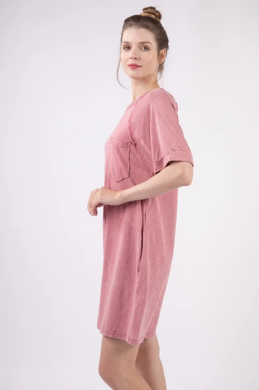 VERY J Washed Round Neck Mini Tee Dress Comfortable Boho Mini Dress