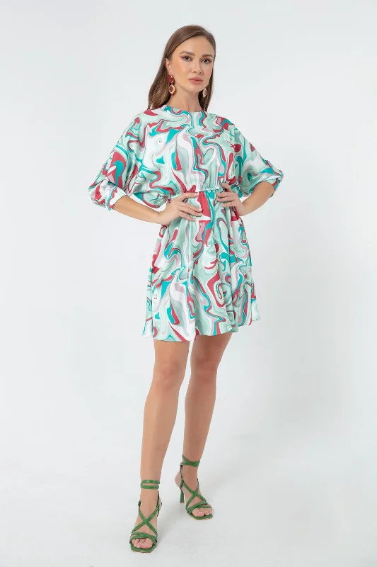 Woman Patterned Mini Satin Dress Fashionable Mini Dress with Frills