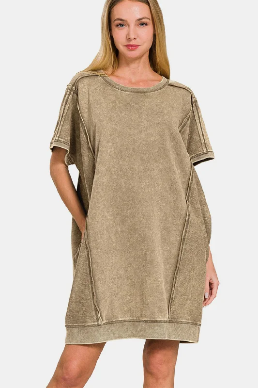 Blue Zone Planet |  Zenana Washed Exposed Seam Mini Tee Dress Classic White Mini Dress