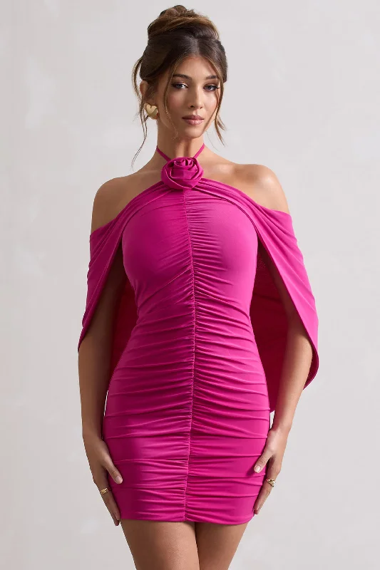 Adriana | Dark Pink Ruched Halter-Neck Draped Mini Dress With Corsage Classic Black Mini Dress