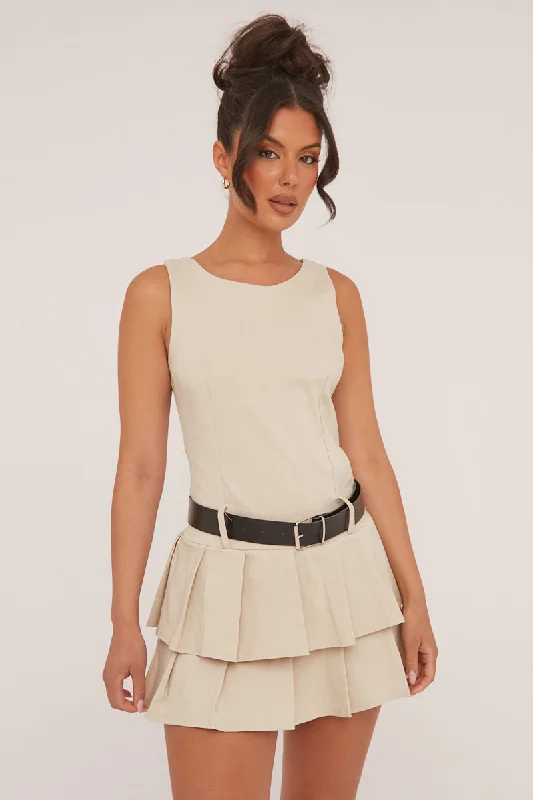 Beige Pleated Belt Detail Mini Dress - Bobbie Fashionable Summer Mini Dress