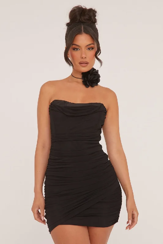 Black Bandeau Ruching Detail Mini Dress - Lupita Cozy Knit Mini Dress