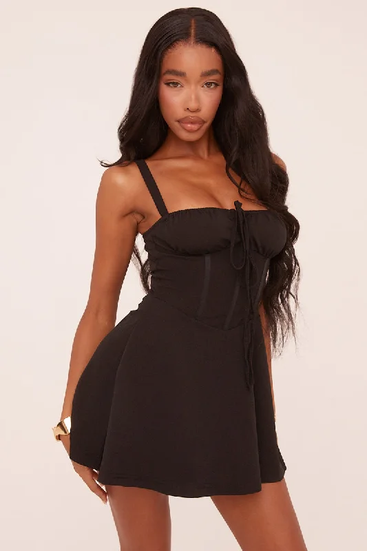 Black Corset Tie Detail Mini Dress - Silvie Stylish Puff Sleeve Mini Dress