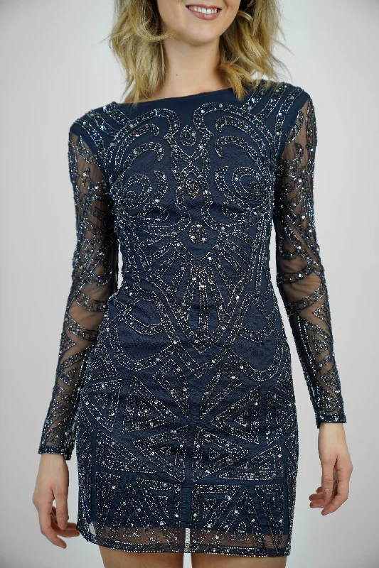 Brooklyn Navy Blue Long Sleeve Sequin Mini Dress Elegant Lace Mini Dress