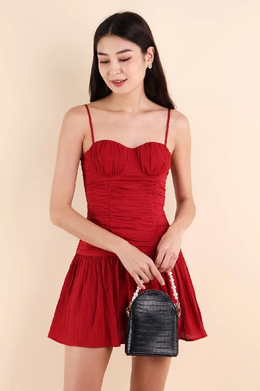 CHANTEL BUSTIER MINI ROMPER DRESS IN WINE RED Fashionable Mini Dress with Slits