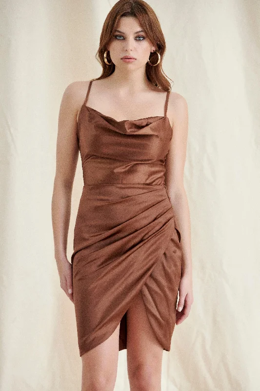 CHOCOLATE SATIN RUCHED MINI DRESS Trendy Floral Mini Dress