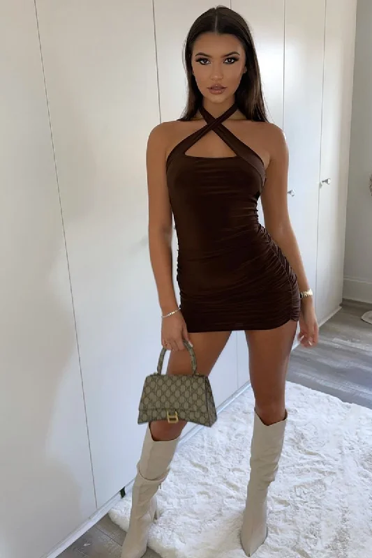 Chocolate Slinky Side Ruched Halter Neck Mini Dress - Azela Trendy Button-Detail Mini Dress