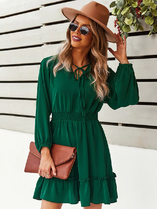 Elastic Waist Long Sleeve V Neck Mini Dress Cozy Cotton Mini Dress