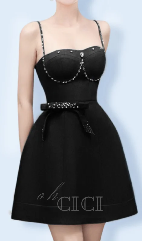 ELMA CRYSTAL EMBELLISHED BOW MINI DRESS IN BLACK Classic Black Mini Dress
